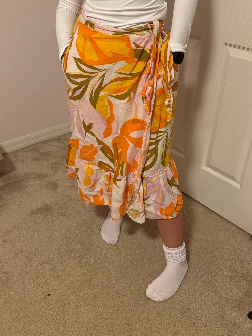 C&C California Orange & Pink Floral 100% Linen Wrap Midi Skirt